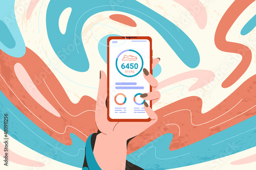 Hand woman hold mobile phone with pedometer or fitness tracker. Step counter app on smartphone flat vector illustration. Sensor to count steps and track daily walking progress on device screen.
