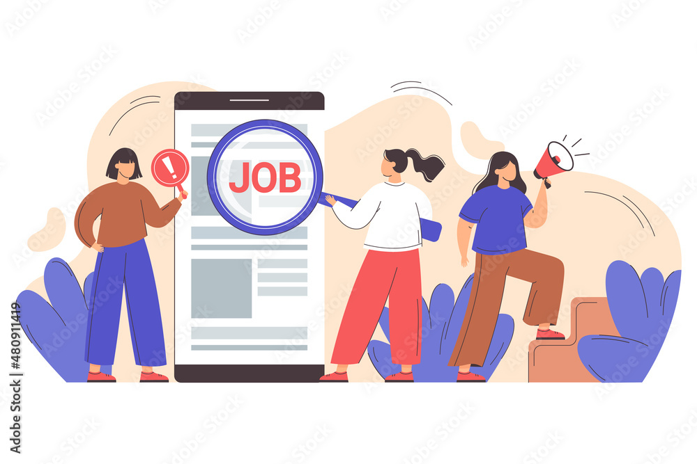 Flat employment hr agency looking for new employees to hire. Recruiting staff search candidates for interview. Hiring and online recruitment concept. Headhunters find resumes and offer vacancy job.