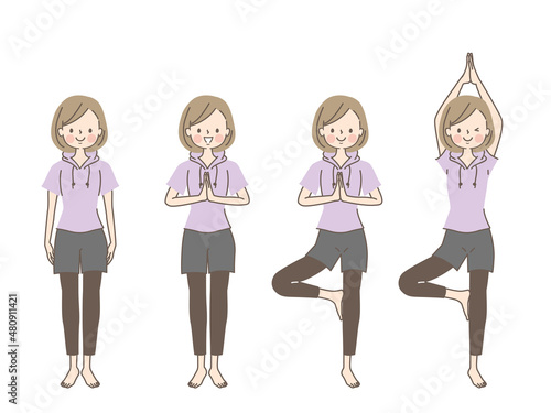 ヨガをする若い女性のイラストセット