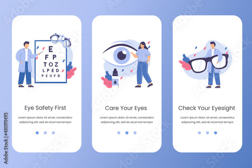 Flat ophthalmologist doctor with magnifier in hands check eyesight. Eye testing or vision correction vector website template. Care eyes concept with drops and eyeglasses. Landing page design for app.