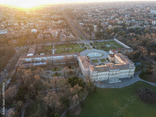 Aerial view of facade of the elegant Villa Reale in Monza, Lombardy, north Italy. Birds eye of the beautiful Royal Palace of Monza. Drone photography in Lombardia. photo