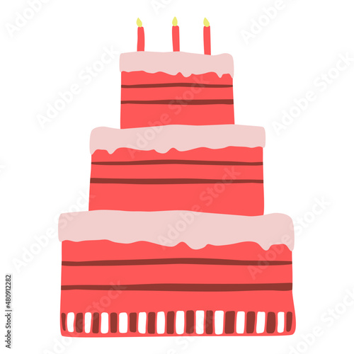 Hand drawn birthday cake with three layers with candles. Vector doodle sketch illustration isolated on white background.