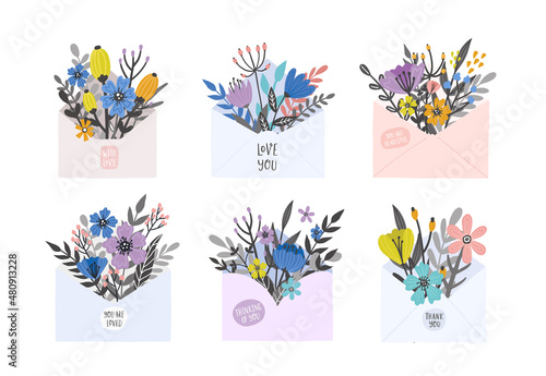 Set of letters with flowers. Hand drawn vector illustration.