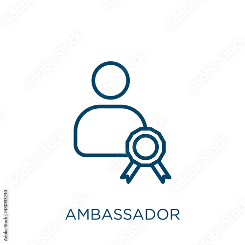 ambassador icon. Thin linear ambassador, brand, business outline icon isolated on white background. Line vector ambassador sign, symbol for web and mobile photo