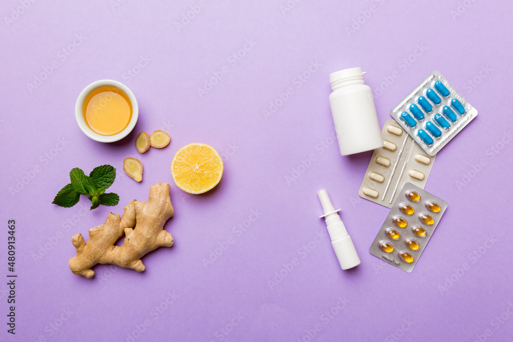 Natural cold and flu home remedies. Natural ingredients for immunity stimulation and viruses protection. top view flat lay