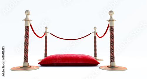 3D render of red pillow betwin golden barrieres isolated on white background. vip concept photo