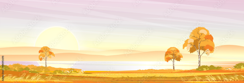 Autumn landscape at village by the lake with grass field,mountain, pink sky and clouds,Vector nature cartoon scenery backdrop of Fall season,Panoramic rural countryside by river with sunset in evening