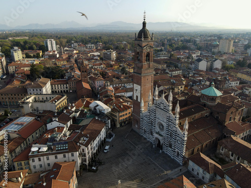 Aerial view of facade of the ancient Duomo in Monza (Monza Cathedral). Drone photography of the main square with church in Monza in north Italy, Brianza, Lombardia. photo