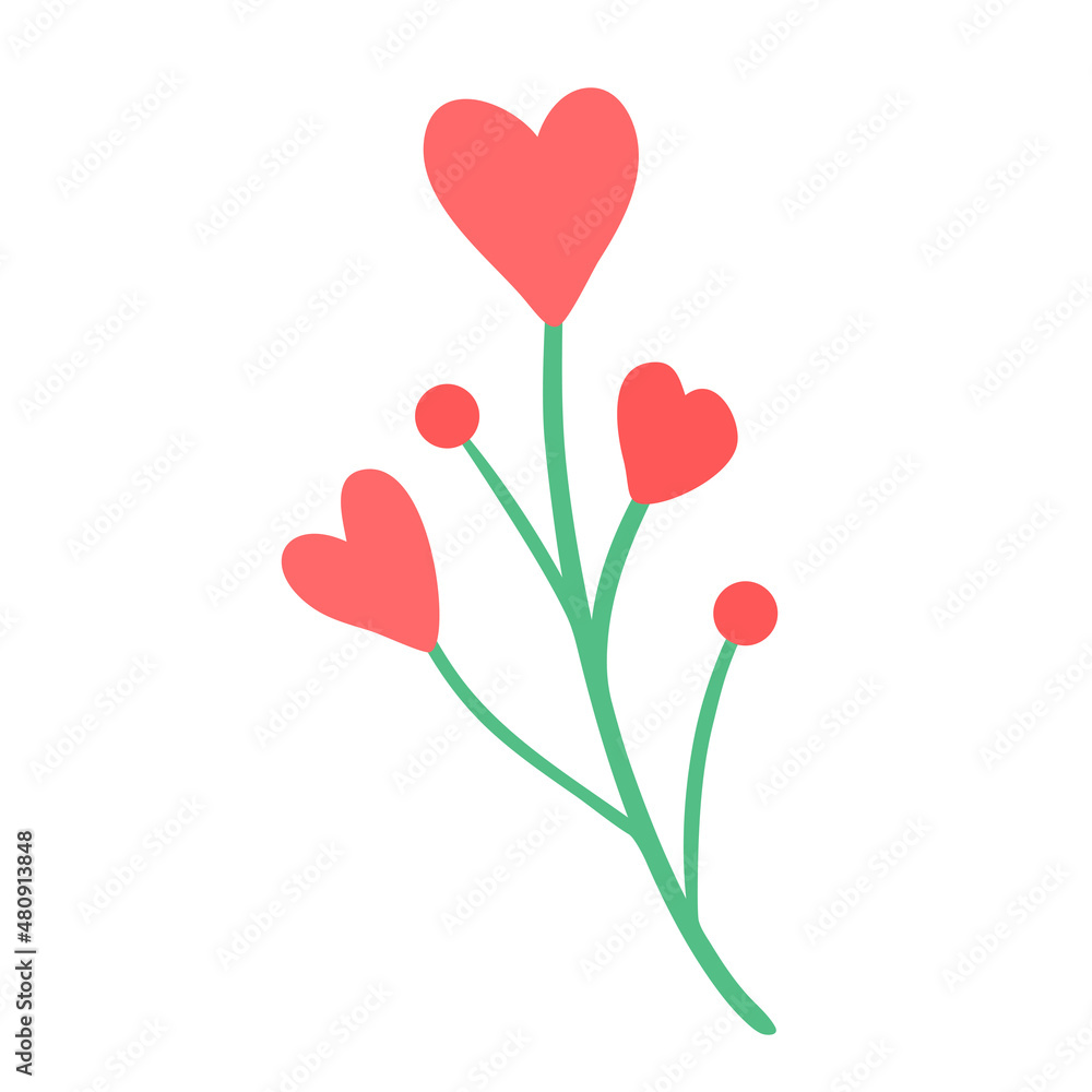 Hand drawn flower with hearts isolated on white background. Decorative doodle sketch illustration. Vector floral element.