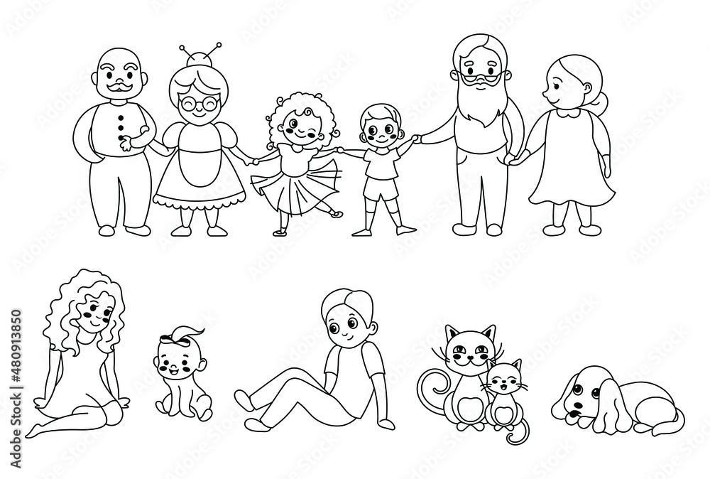 Set of doodle family figures. Collection of happy cartoon people. Vector illustration of cute stick figures. Hand-drawn.