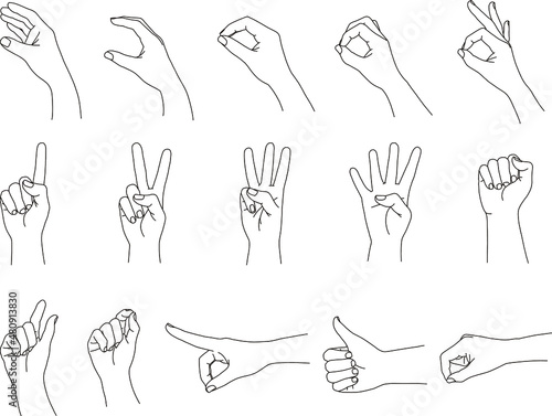 Hand vector outline illustration, Hands vector line icons set. Hand gestures, signals.