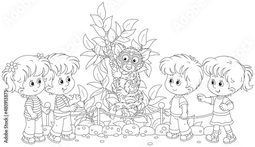 Happy little kids walking at a zoological garden and watching a funny exotic Philippine tarsier which sitting on a small tropical tree in an open-air cage, black and white vector cartoon