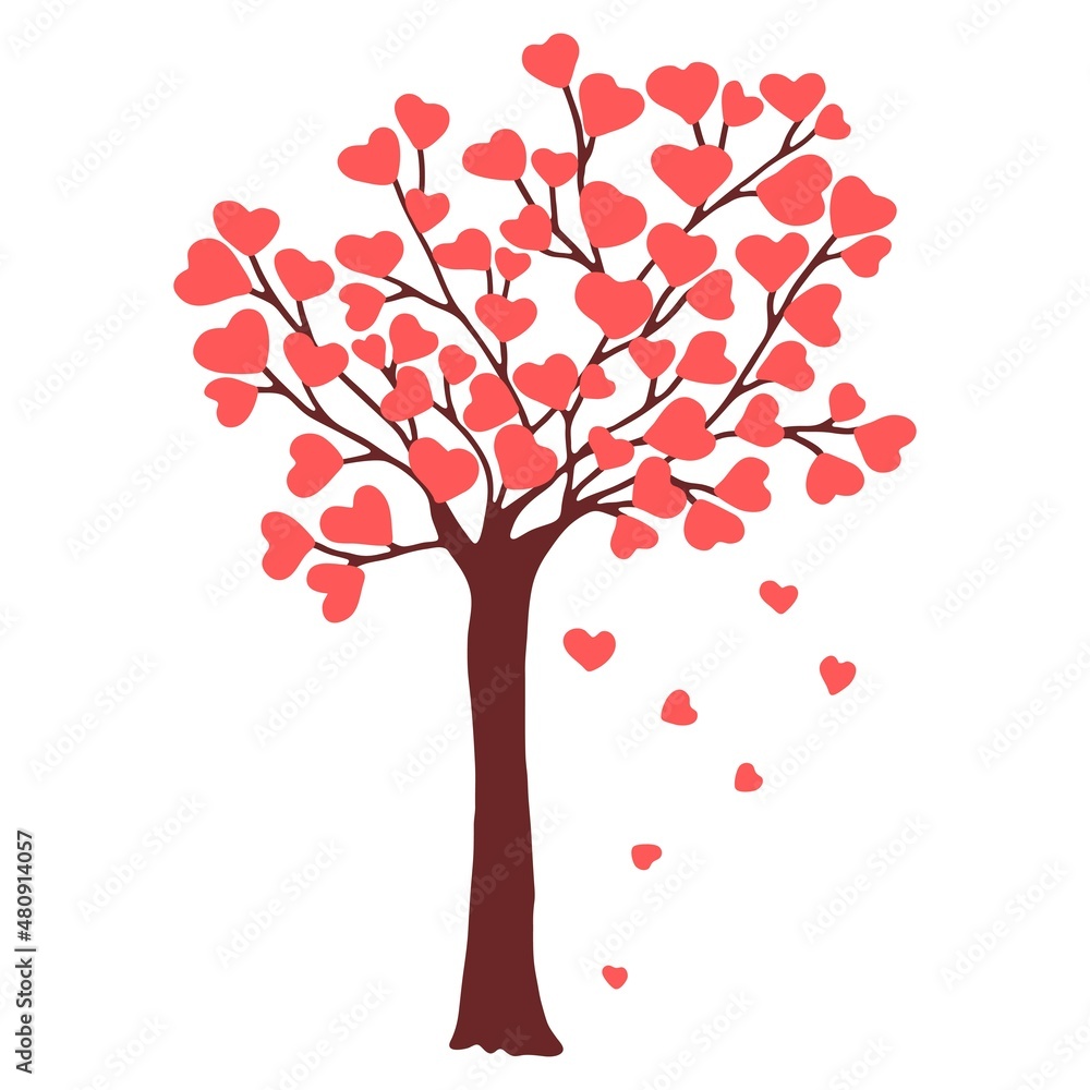 Hand drawn tree on which grow hearts. Vector doodle sketch illustration isolated on white background.