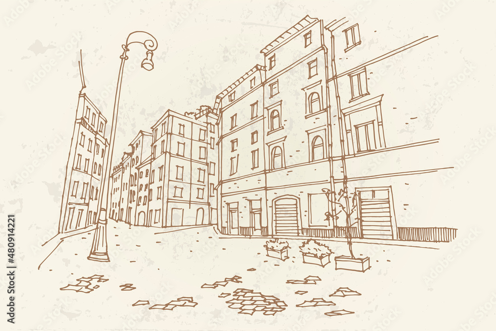 Vector sketch of street scene in Rome, Italy. Retro style.