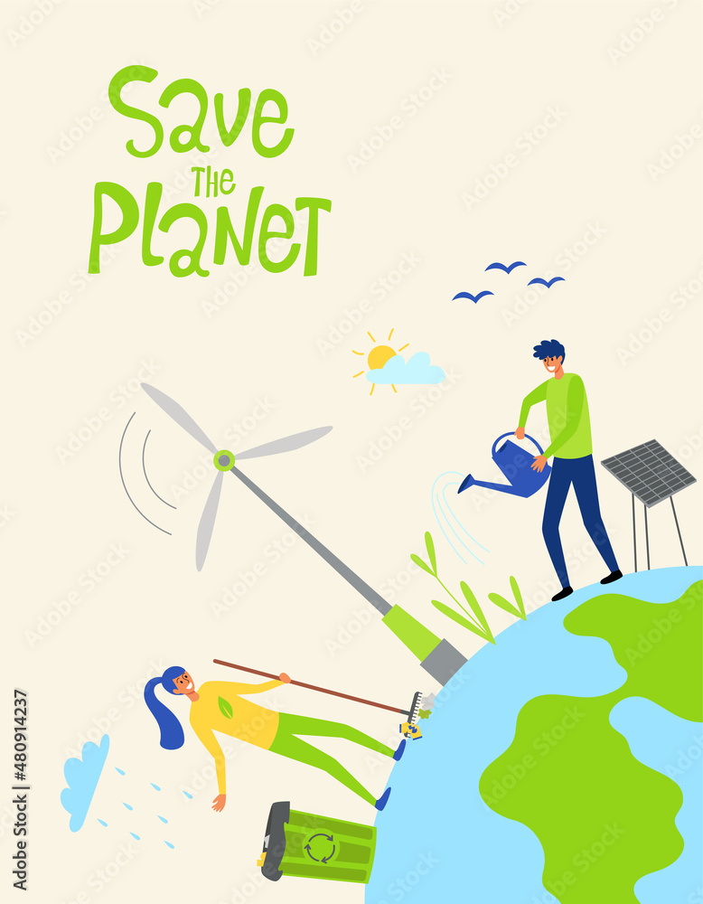 Save planet earth. Earth Day. People clean up and take care of the planet. Planting and watering plants. Vector template for card, poster, banner, flyer Save planet earth. Earth Day. People clean up and take care of the planet. Planting and watering plants. Vector template for card, poster, banner, flyer