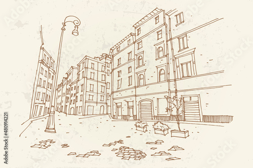 Vector sketch of street scene in Rome, Italy. Retro style.