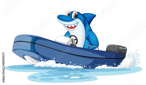 Happy shark on dinghy boat on white background