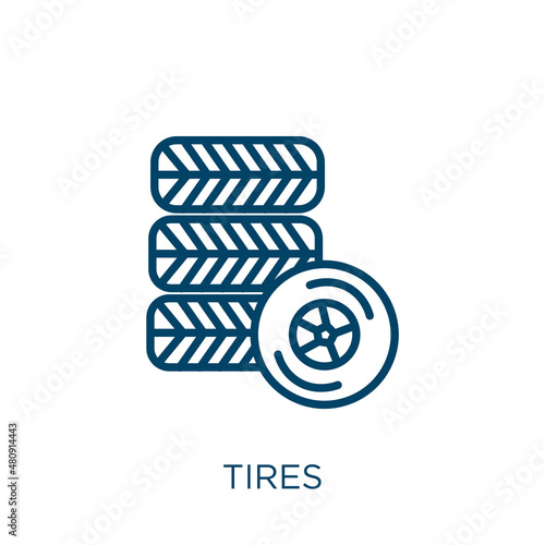 tires icon. Thin linear tires, tire, wheel outline icon isolated on white background. Line vector tires sign, symbol for web and mobile