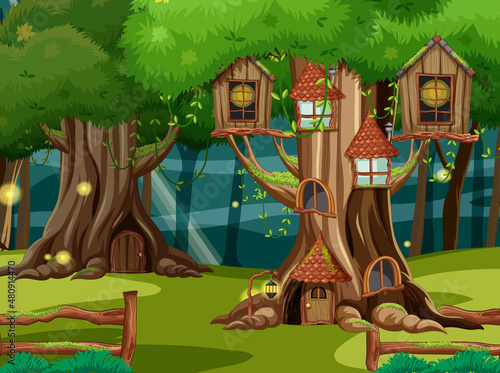 Fantasy forest scene with tree houses