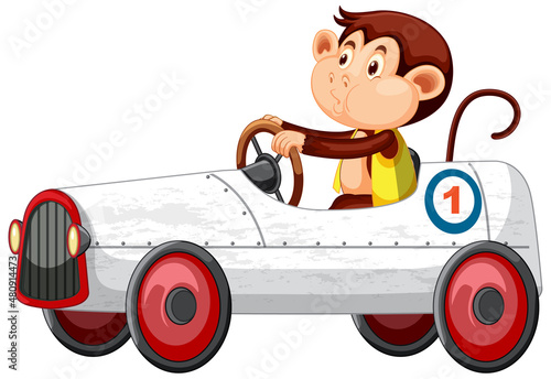 A monkey driving race car on white background