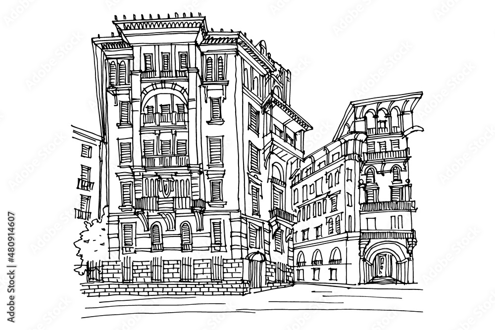 vector sketch of Coppede Quarter, Rome, Italy