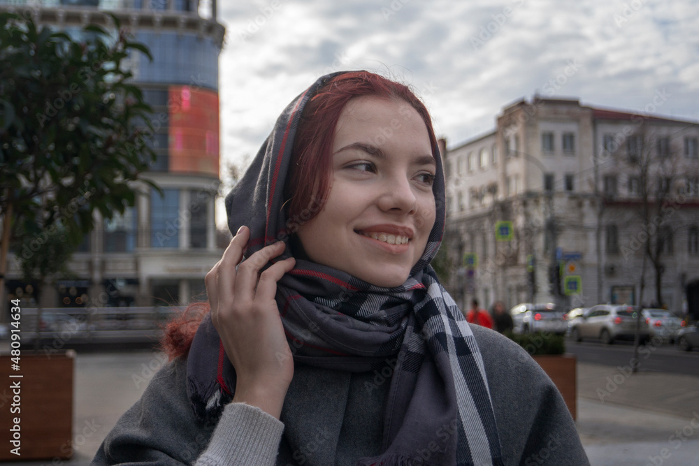 Fototapeta premium Outdoor lifestyle portrait of amazing glamorous luxury woman posing in city center.