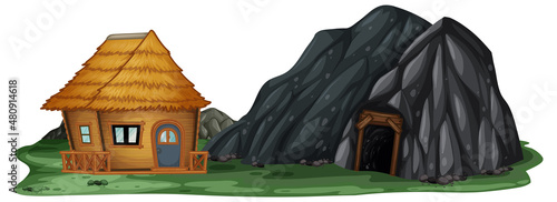 A cottage beside a rock cave
