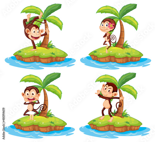 Set of different isolated islands with monkey cartoon characters