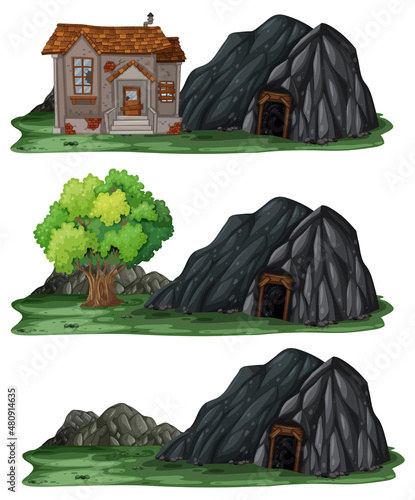 Set of different abandoned houses with rock cave