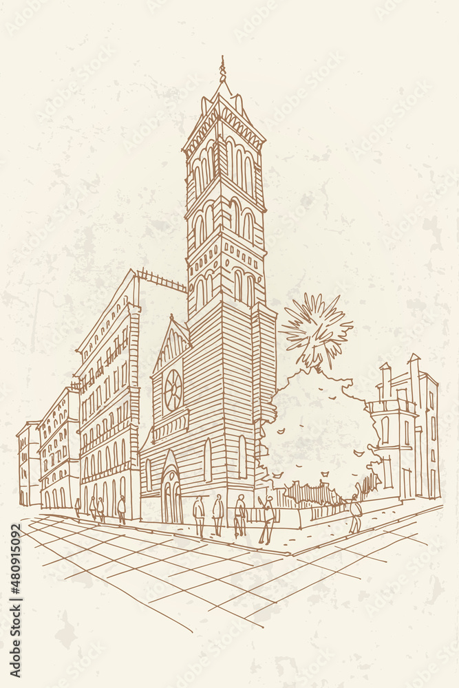 Vector sketch of St Paul's Within the Walls church (American Church) on Via Nazionale in Rome, Italy.