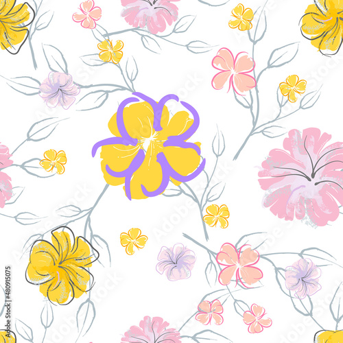 Pink Flowers Blooming Pattern. Pastel Watercolor.