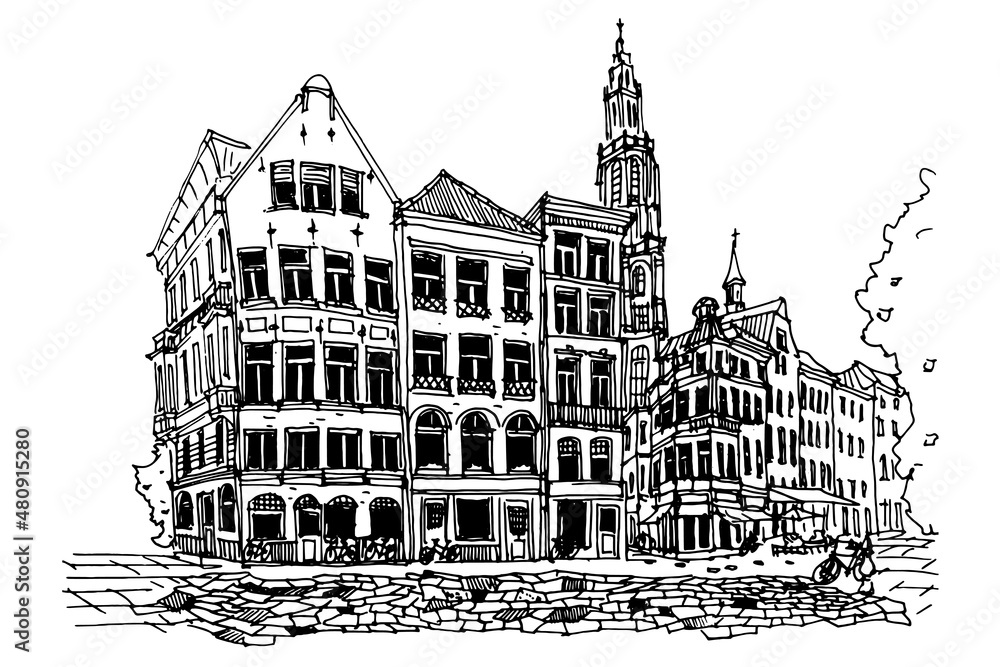 vector sketch of street scene in Antwerpen, Belgium.