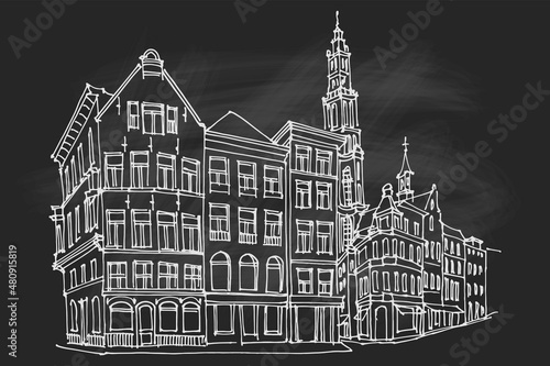 vector sketch of street scene in Antwerpen  Belgium.