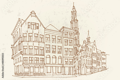 vector sketch of street scene in Antwerpen, Belgium.