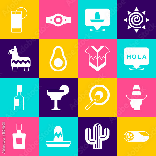 Set Burrito, Mexican man sombrero, Hola, Avocado fruit, Pinata, Tequila glass with lemon and Poncho icon. Vector
