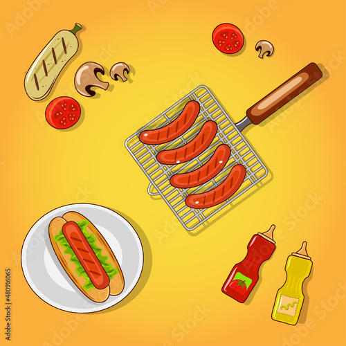 Barbeque set of items. Fried sausages with vegetables and mushrooms