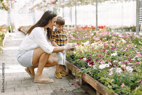 Mom helps her little son plant flowers in the pot in the greenho
