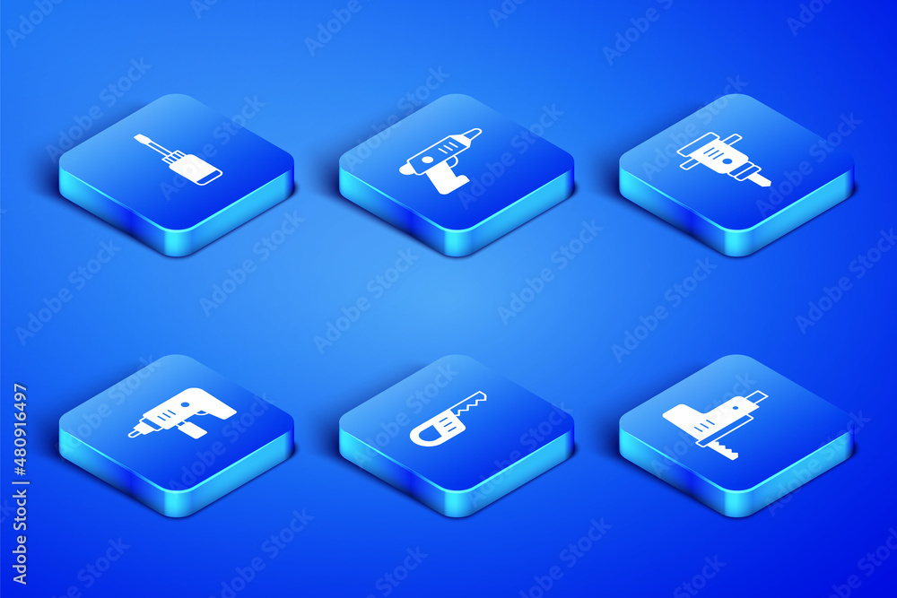 Set Electric jigsaw, Screwdriver, Reciprocating, drill machine, cordless screwdriver and Construction jackhammer icon. Vector Set Electric jigsaw, Screwdriver, Reciprocating, drill machine, cordless screwdriver and Construction jackhammer icon. Vector