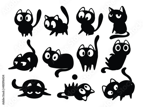 Set of black cats. Collection of silhouette of funny cats in different poses. Vector illustration isolated on white background. Drawing with children.