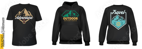 Mountain badge print. Set realistic t-shirt, sweatshirt, hoodie base cloth isolated on simple background. Mockup for branding man or woman fashion. Design casual template. 3d vector illustration.
