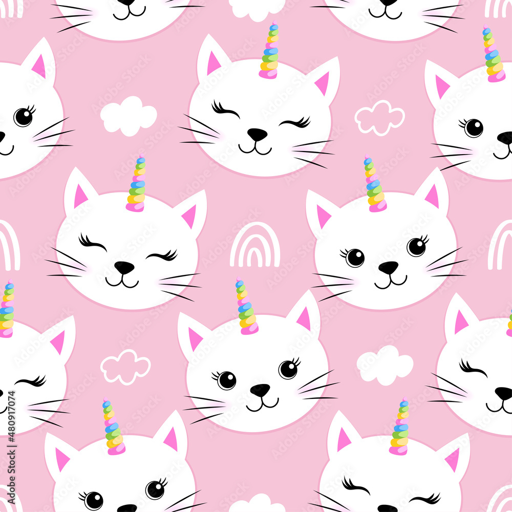 Cute white cat faces with unicorn hors - funny doodle, seamless pattern. sleeping mask, stars, hearts. Cartoon background, texture for bedsheets, pajamas.