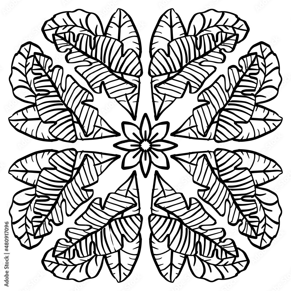 Pattern with tropical leaves and mandala ornaments 