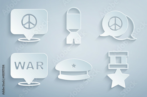 Set Military beret, Peace, The word war, reward medal, Rocket launcher and Location peace icon. Vector