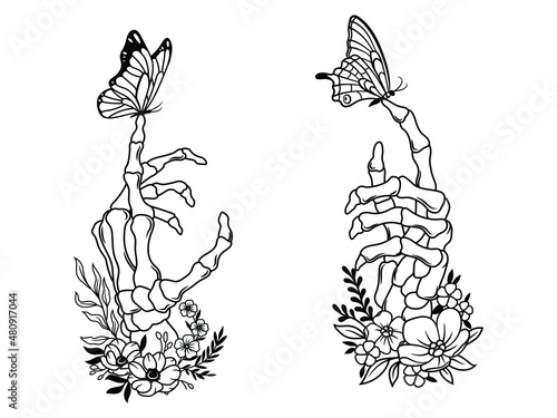 Set of human skeleton hand with flowers. Collection of finger bones with butterfly. Linear art. T-shirt design. Vector illustration of human limbs on a white background.