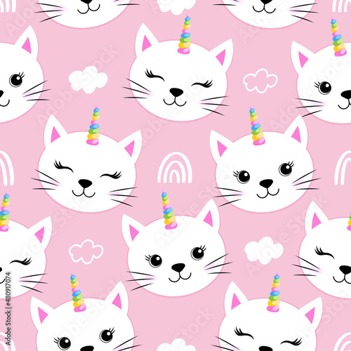 Cute white cat faces with unicorn hors - funny doodle, seamless pattern. sleeping mask, stars, hearts. Cartoon background, texture for bedsheets, pajamas.
