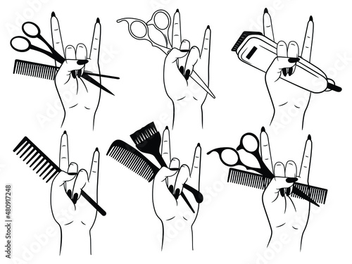 Set of female hand with hairdressing tools. Collection of stylists hand with scissors. Hairdresser logo for beauty salon. Horn sign. Tattoo.