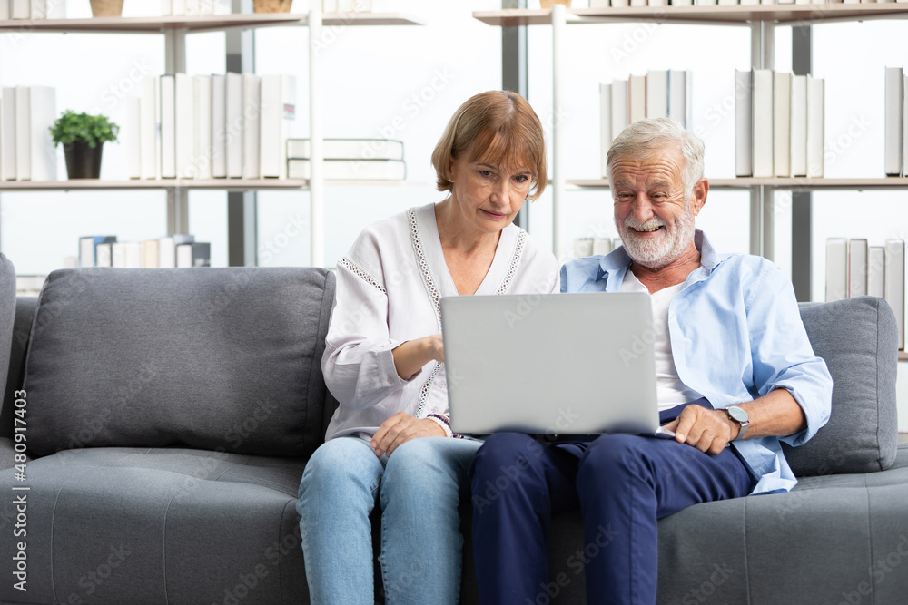 senior couple using laptop computer on sofa senior couple using laptop computer on sofa