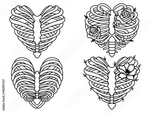 Set of human ribs with flower. Collection of people heart rib cage. Bones with floral wreath. Human anatomy. Vector illustration of floral ribs isolated on white background.