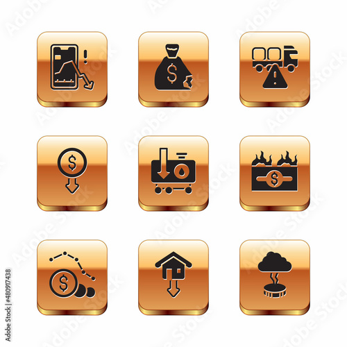 Set Mobile stock trading, Dollar rate decrease, Falling property prices, Drop crude oil, Stop delivery cargo truck, Storm and Money bag icon. Vector