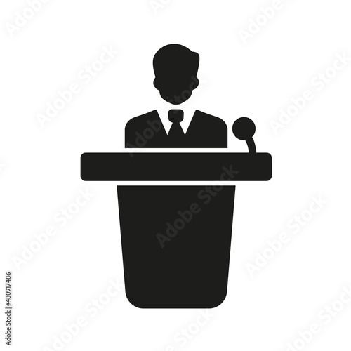 The speaker is on the podium. Performance. The conference. Lecture. Lecturer. Vector image.